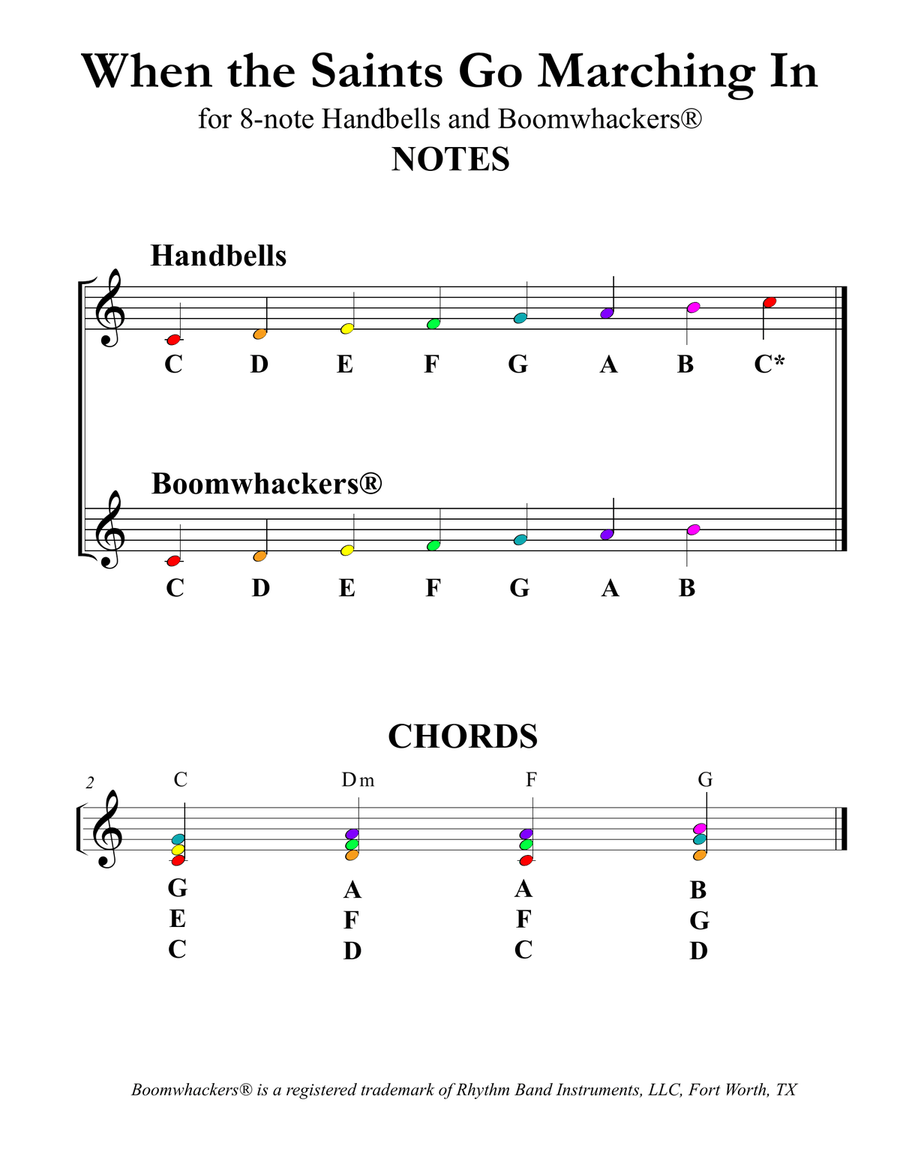 When the Saints Go Marching In (for 8-note Bells and Boomwhacker with Color Coded Notes) Handbell Choir scores gallery preview page 3