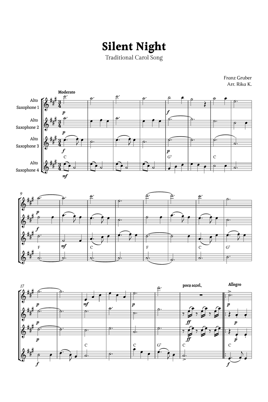 Silent Night for Alto Sax Quartet Saxophone Quartet scores gallery preview page 1