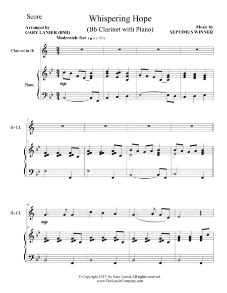 WHISPERING HOPE (Duet – Bb Clarinet & Piano with Score/Part) image number null