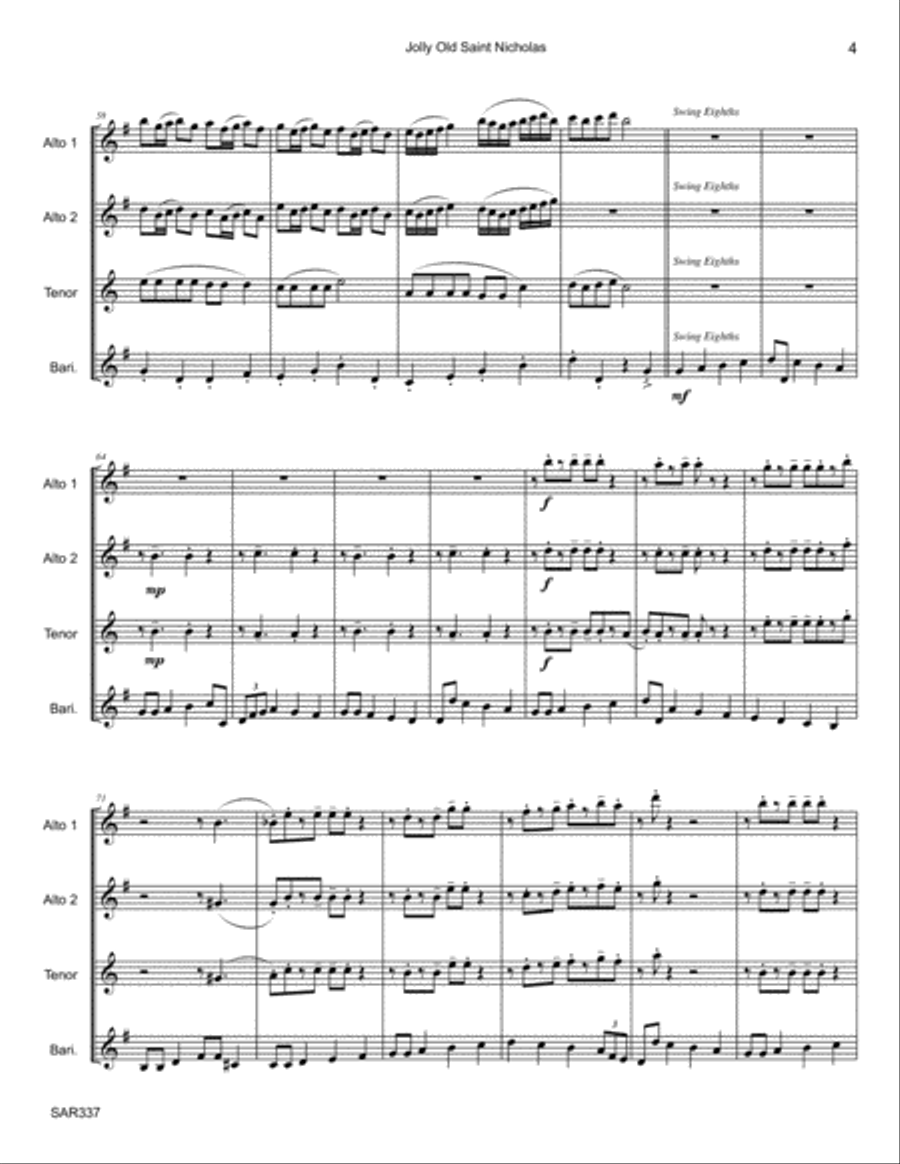 JOLLY OLD SAINT NICHOLAS for unaccompanied SAXOPHONE QUARTET (SATB or AATB) Saxophone Quartet scores gallery preview page 4