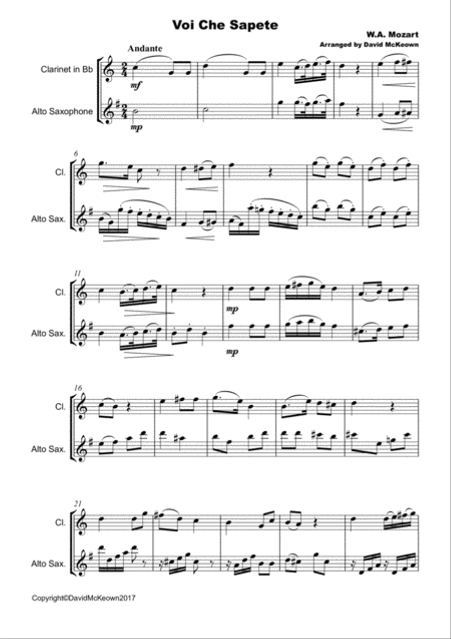 Voi Che Sapete, W A Mozart. Duet for Clarinet and Alto Saxophone Woodwind Duet scores gallery preview page 2