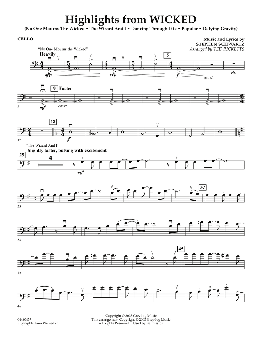 Highlights from Wicked - Cello