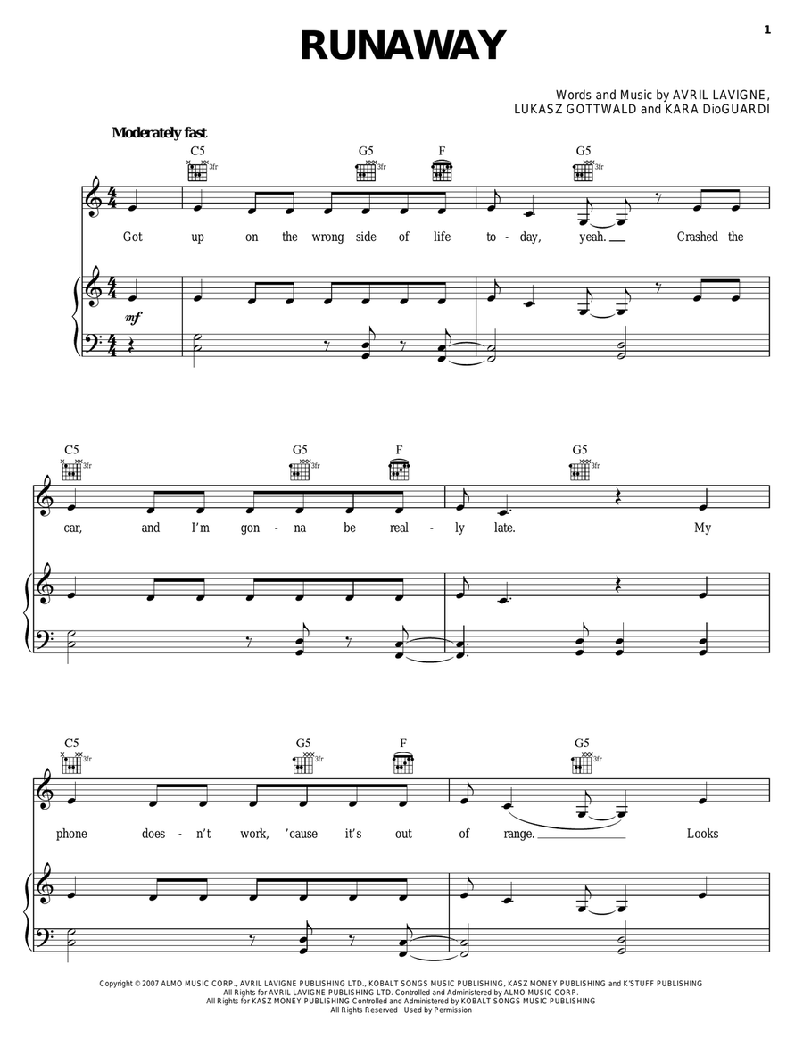 Runaway by Avril Lavigne Piano, Vocal, Guitar - Digital Sheet Music