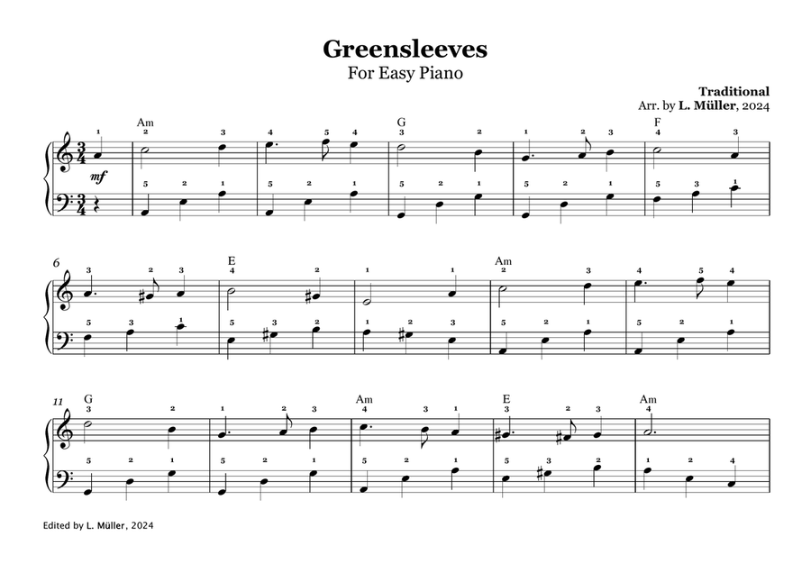 Book cover for Greensleeves - Easy Piano with chords + Fingering
