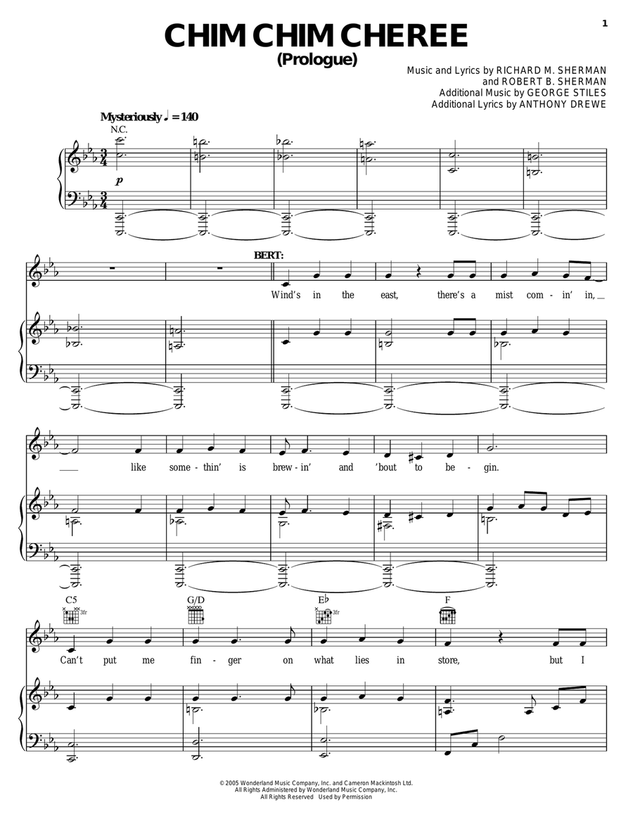 Prologue / Chim Chim Cher-ee Piano, Vocal, Guitar scores gallery preview page 1