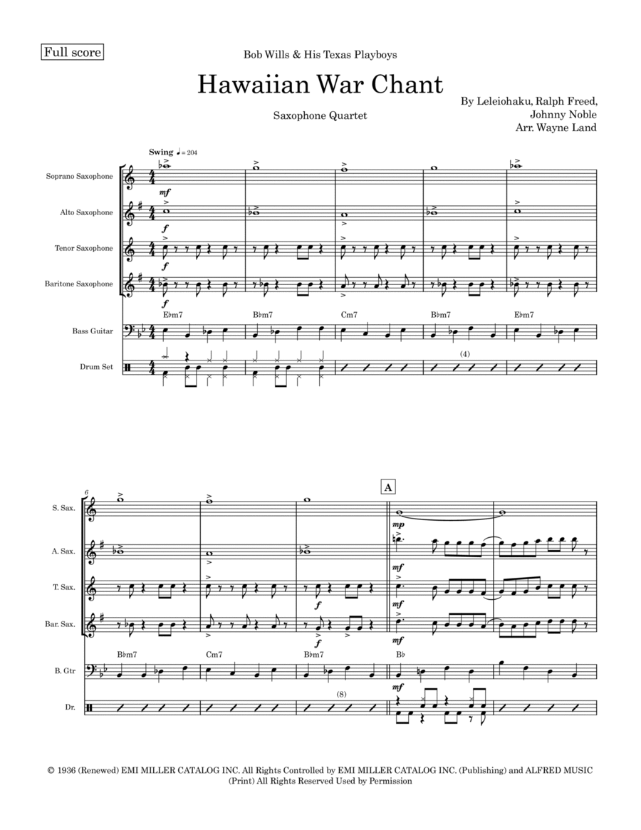Hawaiian War Chant (ta-hu-wa-hu-wai) Saxophone Quartet scores gallery preview page 1