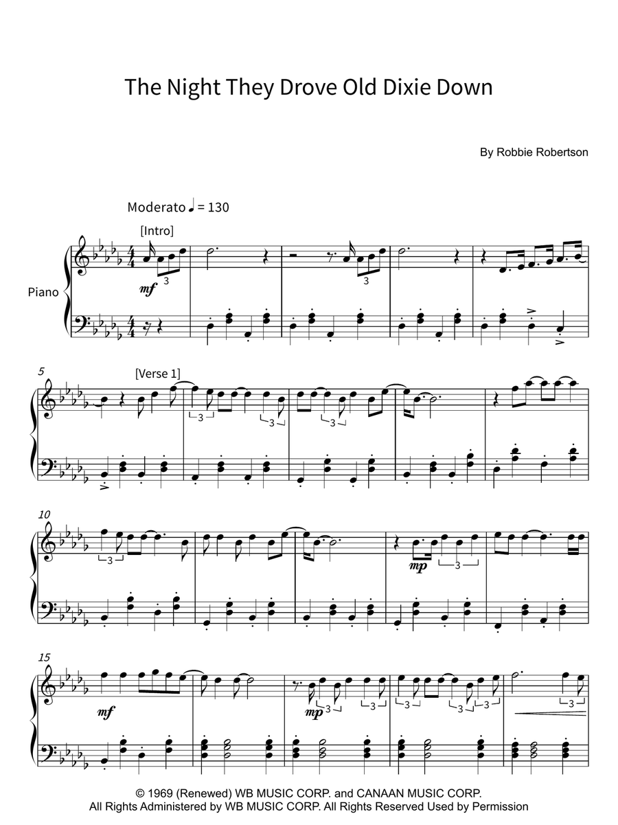 The Night They Drove Old Dixie Down Piano Solo scores gallery preview page 1