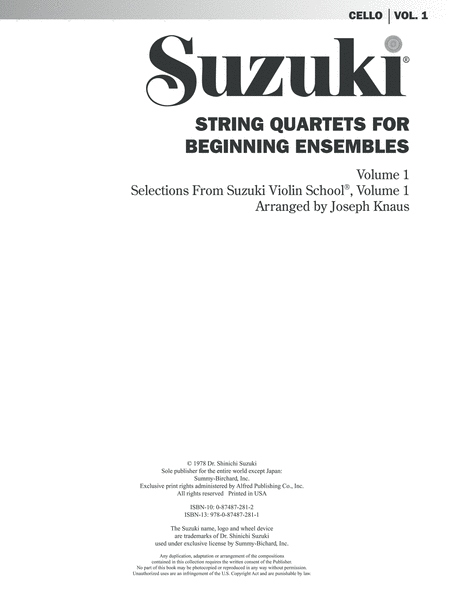 String Quartets for Beginning Ensembles, Volume 1: Cello