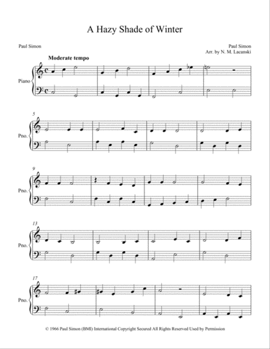 A Hazy Shade Of Winter A Hazy Shade Of Winter Easy Piano scores gallery preview page 2