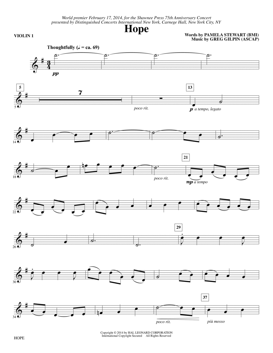 Hope - Violin 1 Hope - Violin 1 Choir scores gallery preview page 1