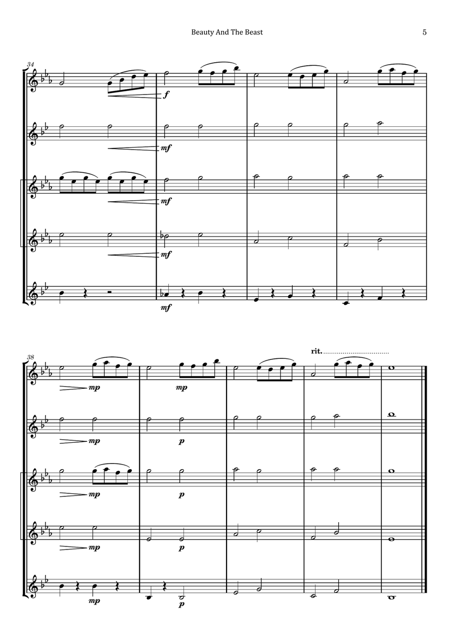 Beauty And The Beast Saxophone Quintet scores gallery preview page 5
