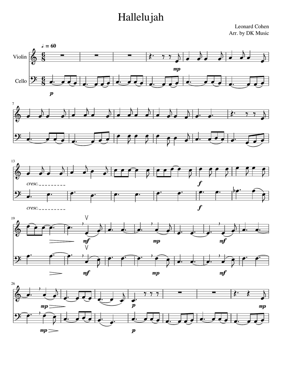 Hallelujah instrumental piano violin cello cheap