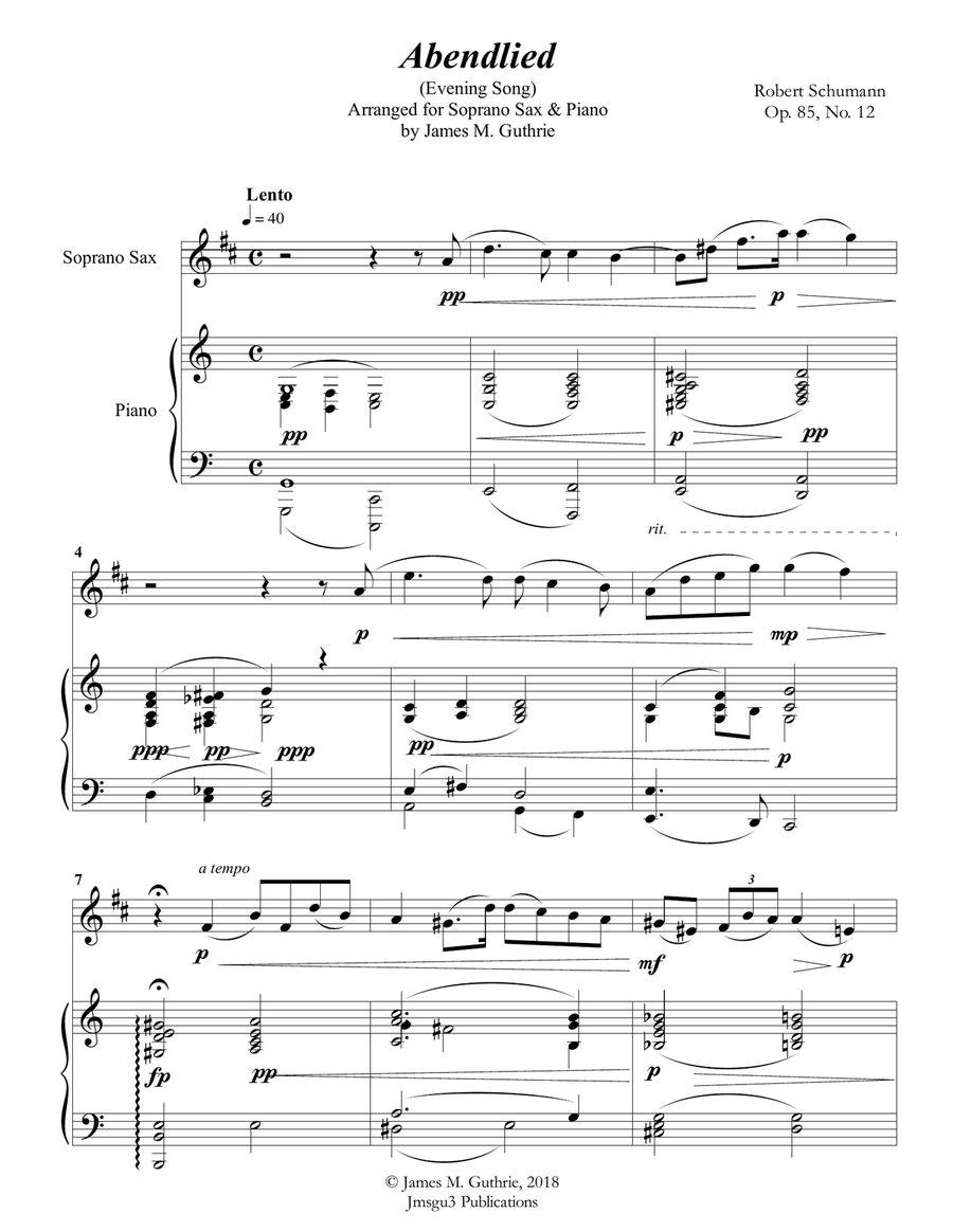 Schumann: Abendlied for Soprano Sax & Piano Soprano Saxophone scores gallery preview page 1