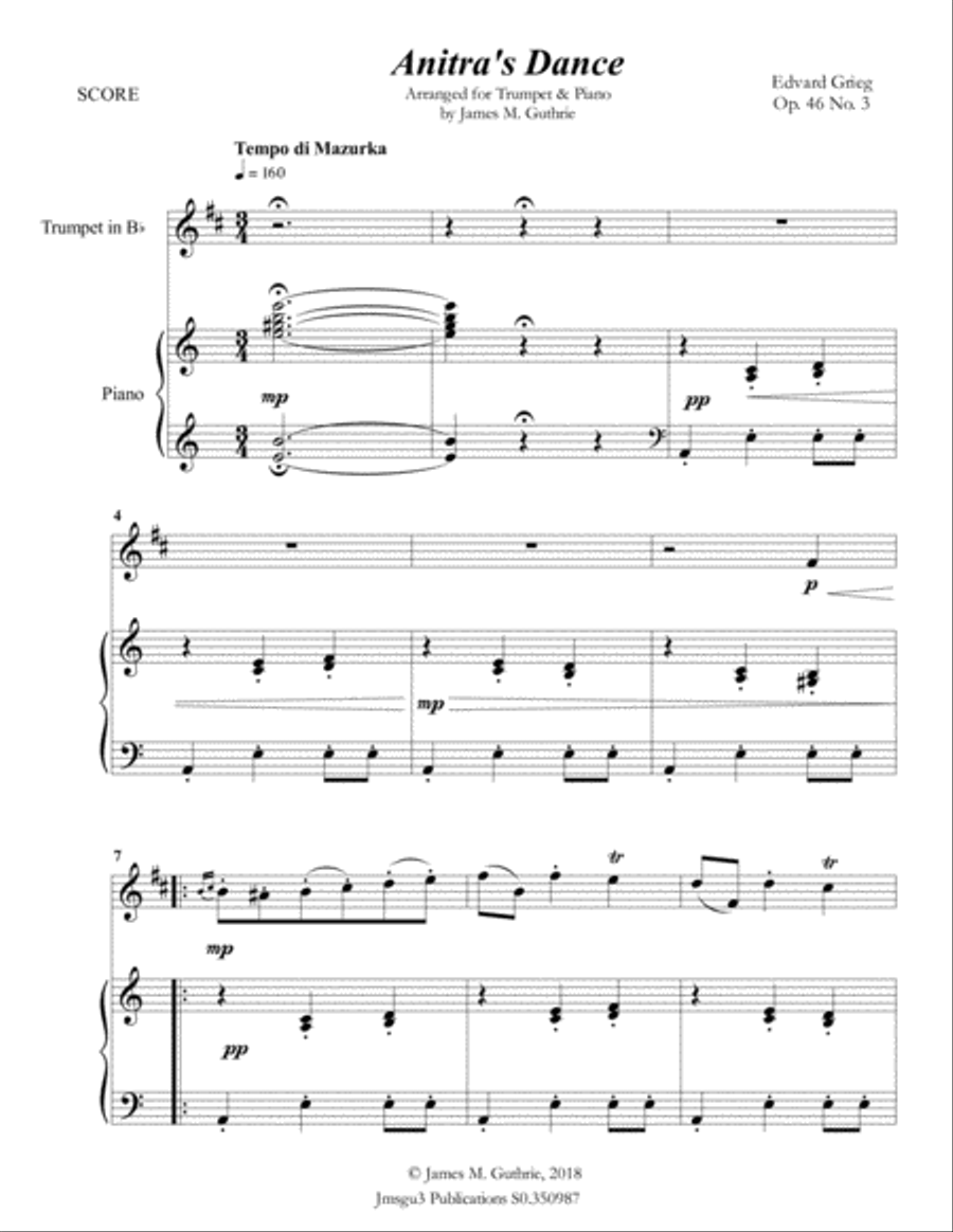 Grieg: Anitra's Dance from Peer Gynt Suite for Trumpet & Piano B-Flat Trumpet scores gallery preview page 2