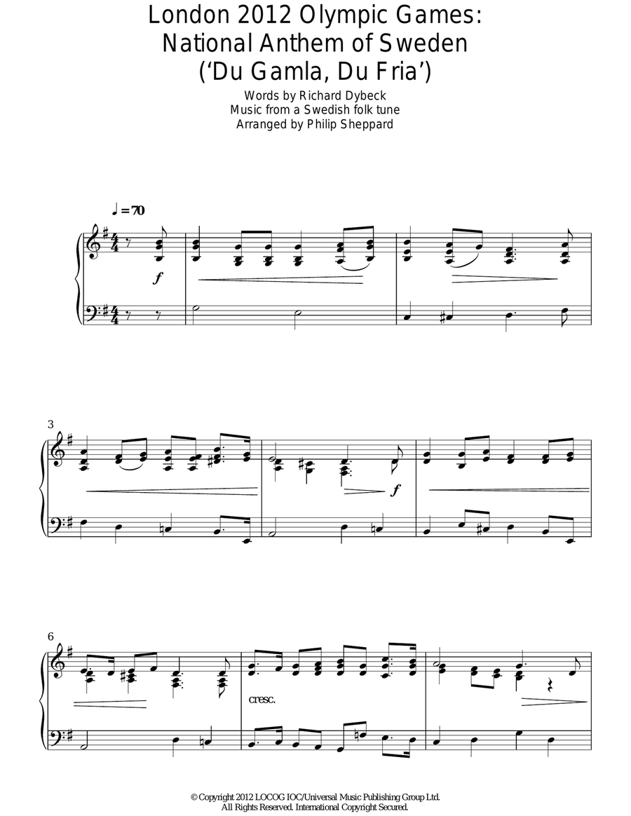 London 2012 Olympic Games: National Anthem Of Sweden ('Du Gamla, Du Fria') Piano Solo scores gallery preview page 1