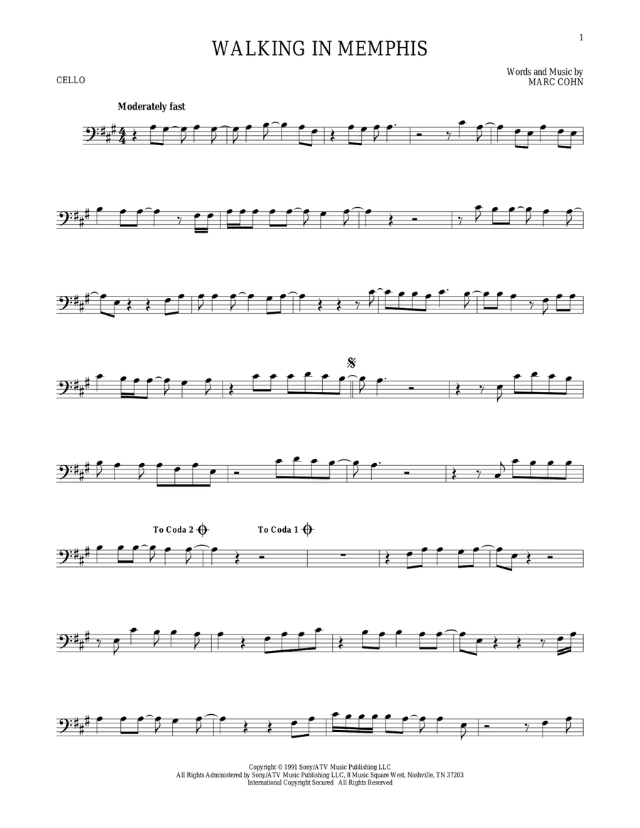 Walking In Memphis Cello Solo scores gallery preview page 1