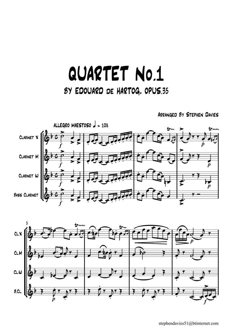 Quartet No.1 By Edouard de Hartog Op.35 for Clarinet Quartet. Clarinet Quartet scores gallery preview page 1