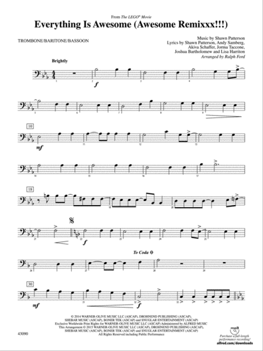 Everything Is Awesome Awesome Remixxx from The Lego Movie 1st Trombone by Shawn Patterson Concert Band Digital Sheet Music Sheet Music Plus