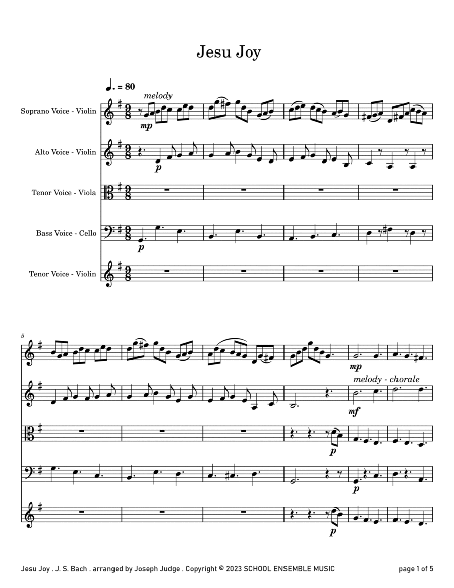 Jesu Joy by Bach for String Quartet in Schools String Quartet scores gallery preview page 1