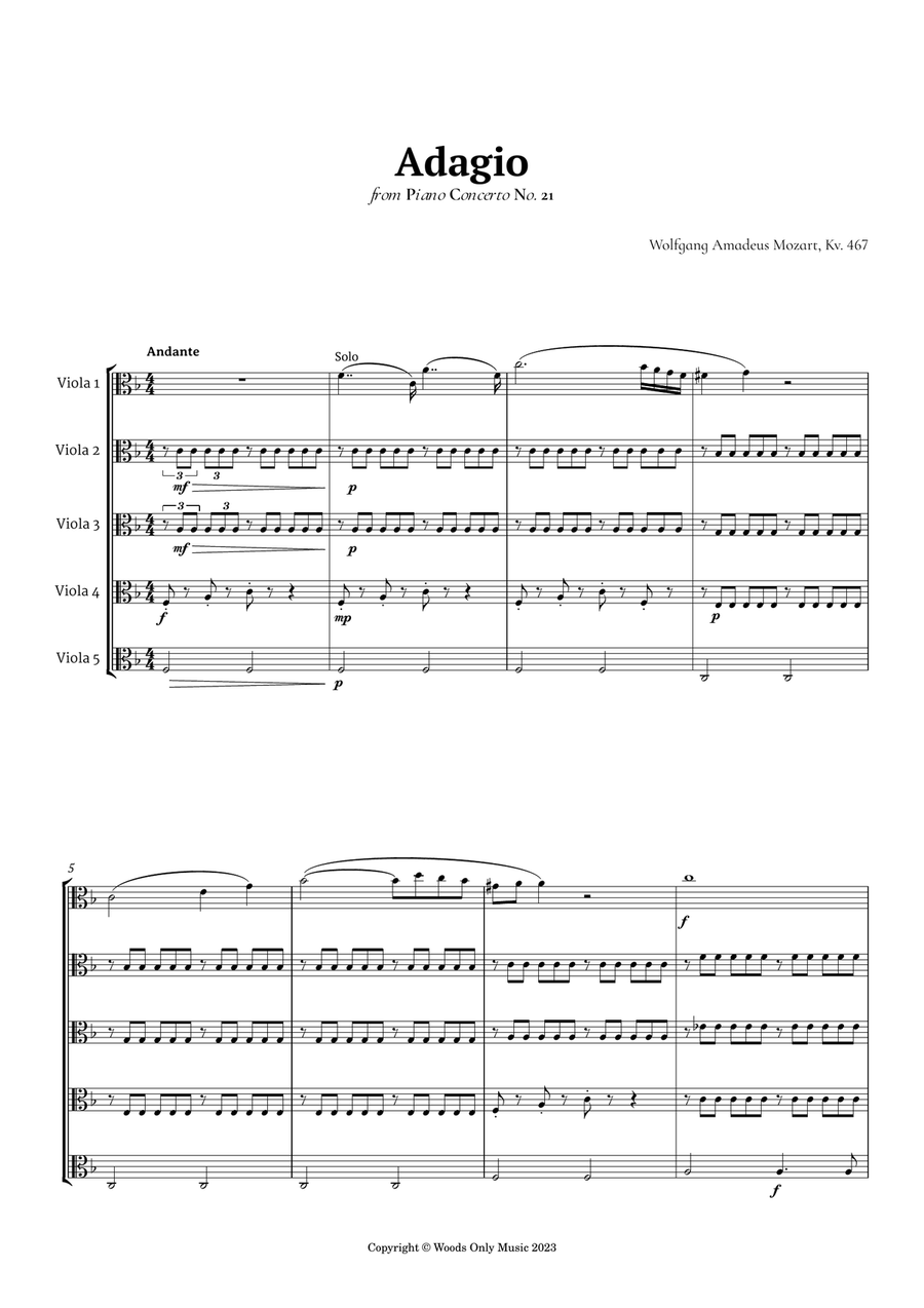 Andante from Piano Concerto No. 21 by Mozart for Viola Quintet String Quintet scores gallery preview page 1