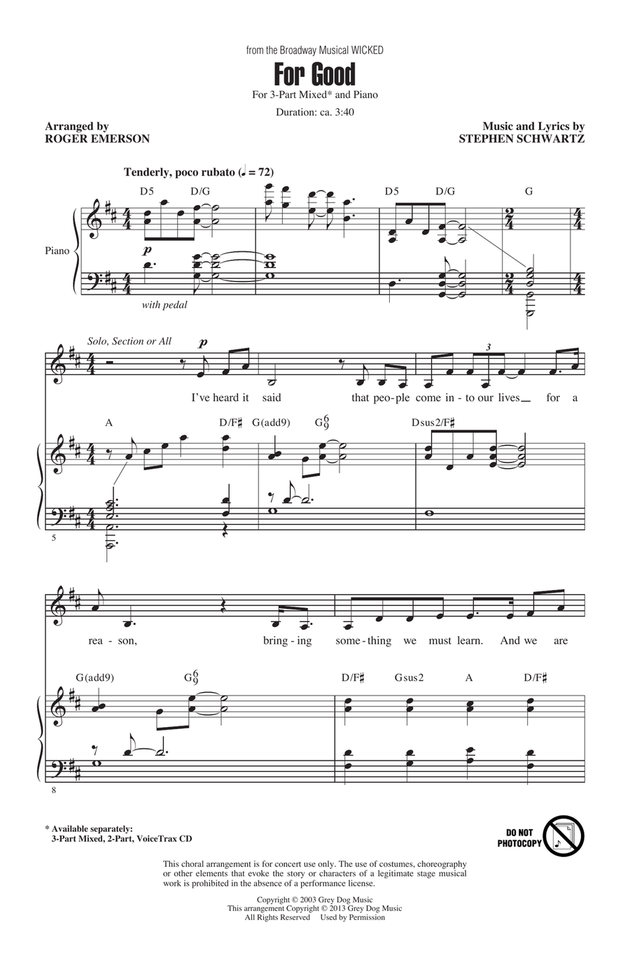 For Good (from Wicked) (arr. Roger Emerson) 3-Part scores gallery preview page 1
