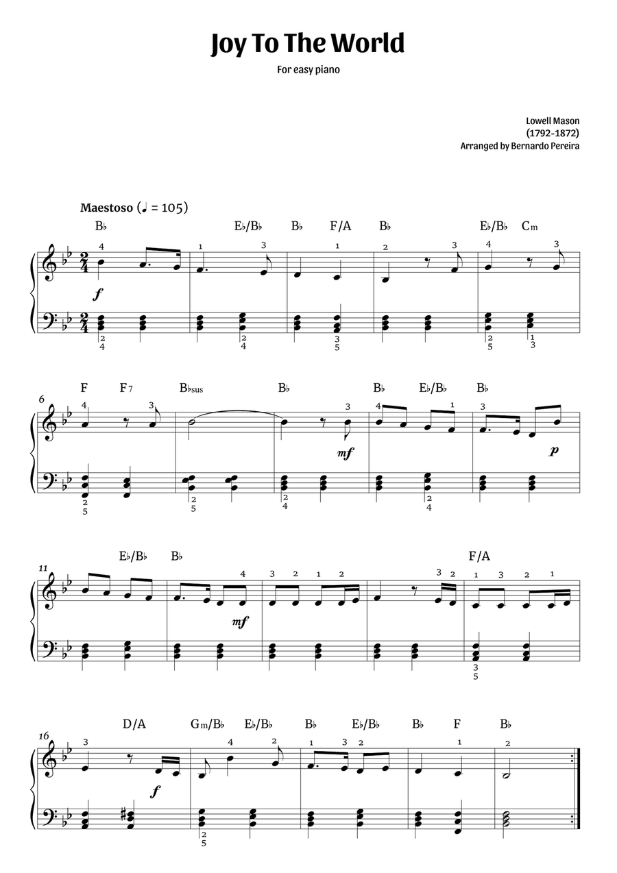 Joy to the World (easy piano in Bb major – with chords) Easy Piano scores gallery preview page 1