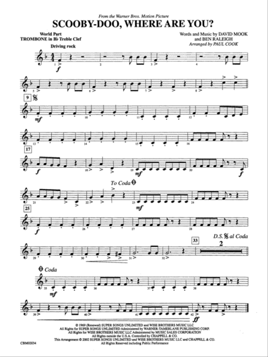 Scooby-Doo, Where Are You?, Theme from: (World Part) 1st B-flat Trombone T.C. Concert Band scores gallery preview page 1