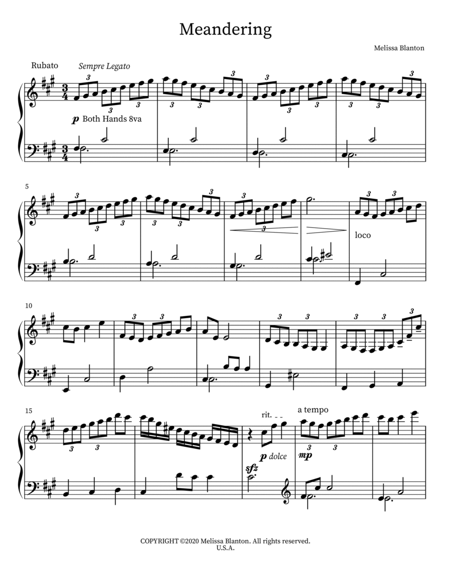 Meandering: Intermediate Piano Solo in F# Minor Piano Solo scores gallery preview page 1