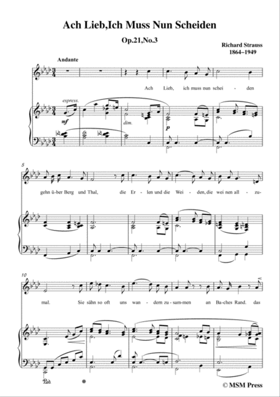 Richard Strauss-Ach Lieb,Ich Muss Nun Scheiden in f minor,for Voice and Piano Voice Solo scores gallery preview page 3