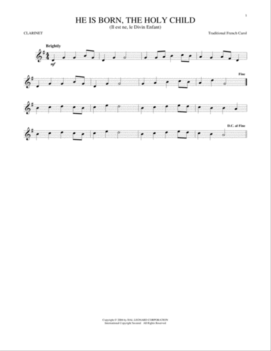 He Is Born, The Holy Child (Il Est Ne, Le Divin Enfant) Clarinet Solo scores gallery preview page 1