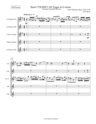 Book cover for Bach 1720 BWV 542 Fugue in Gm Clarinet Quartet Score Parts Alternates
