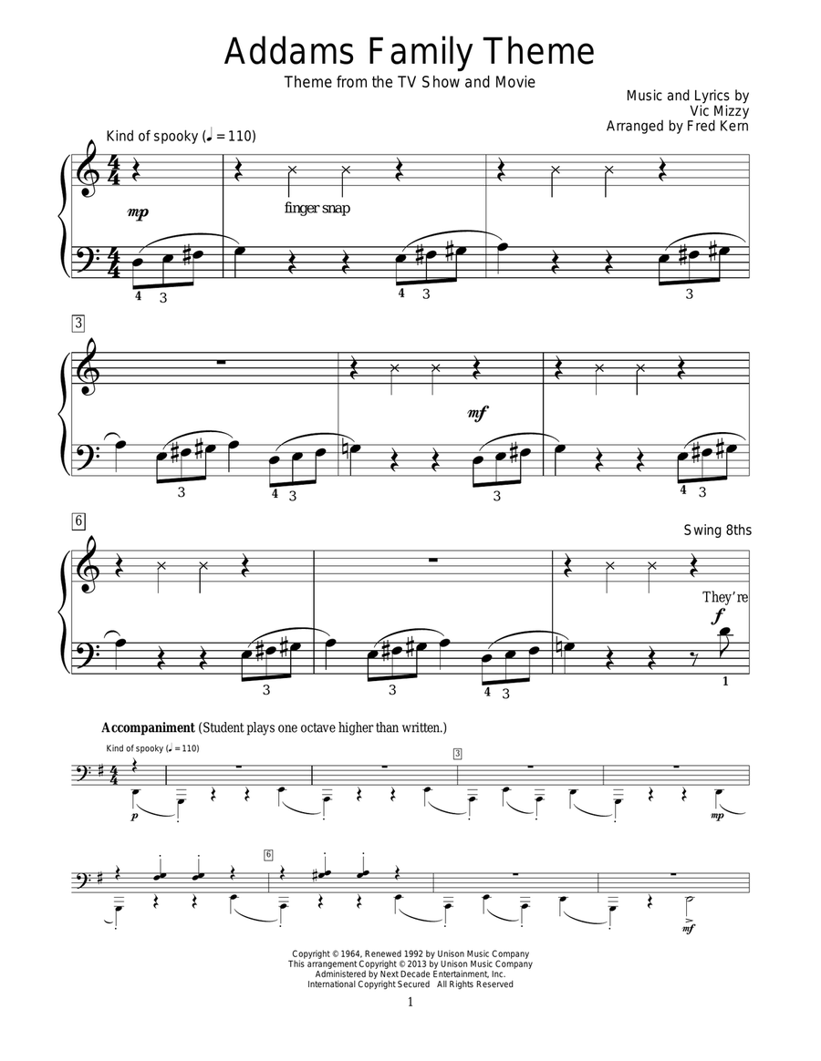 The Addams Family Theme The Addams Family Theme Piano Method scores gallery preview page 1