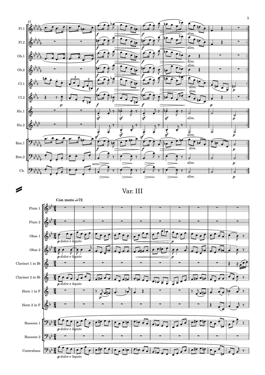 Brahms: Variations on a Theme by Haydn (St. Anthony Chorale) Op.56a (Complete) - wind dectet/bass Woodwind Quintet scores gallery preview page 6