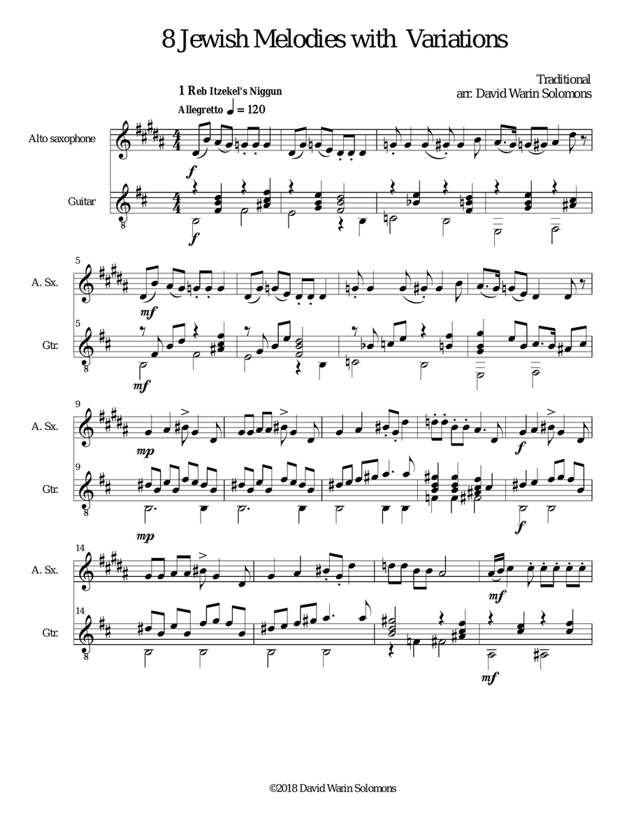 8 Jewish Melodies with Variations for alto saxophone and guitar Alto Saxophone scores gallery preview page 1