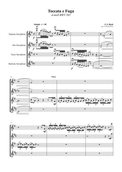 J. S. BACH -Toccata e Fuga d-moll BWV 565 for Saxophone Quartet - Score and parts