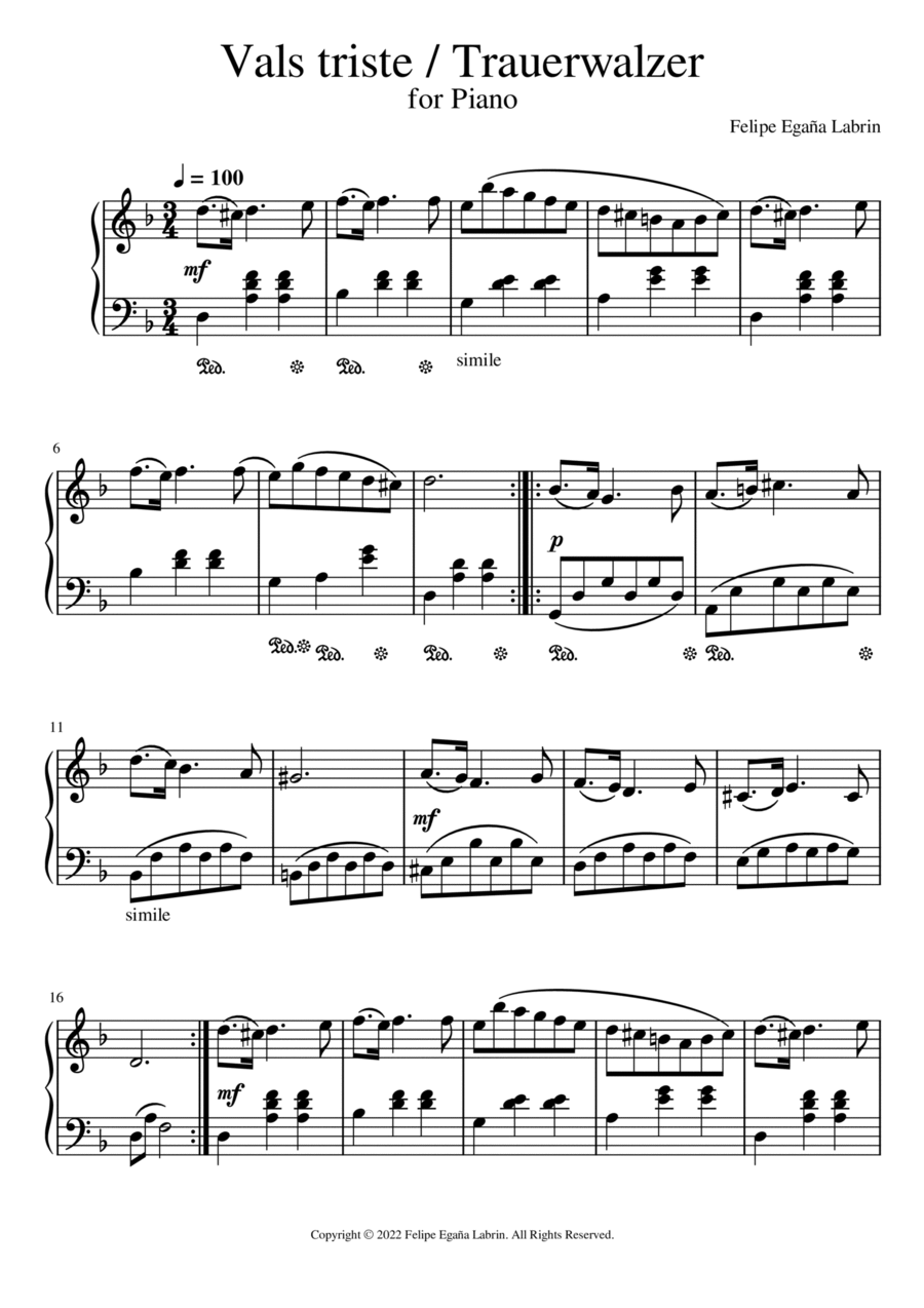 Vals Triste/Trauerwalzer Vals Triste/Trauerwalzer Chamber Music scores gallery preview page 1