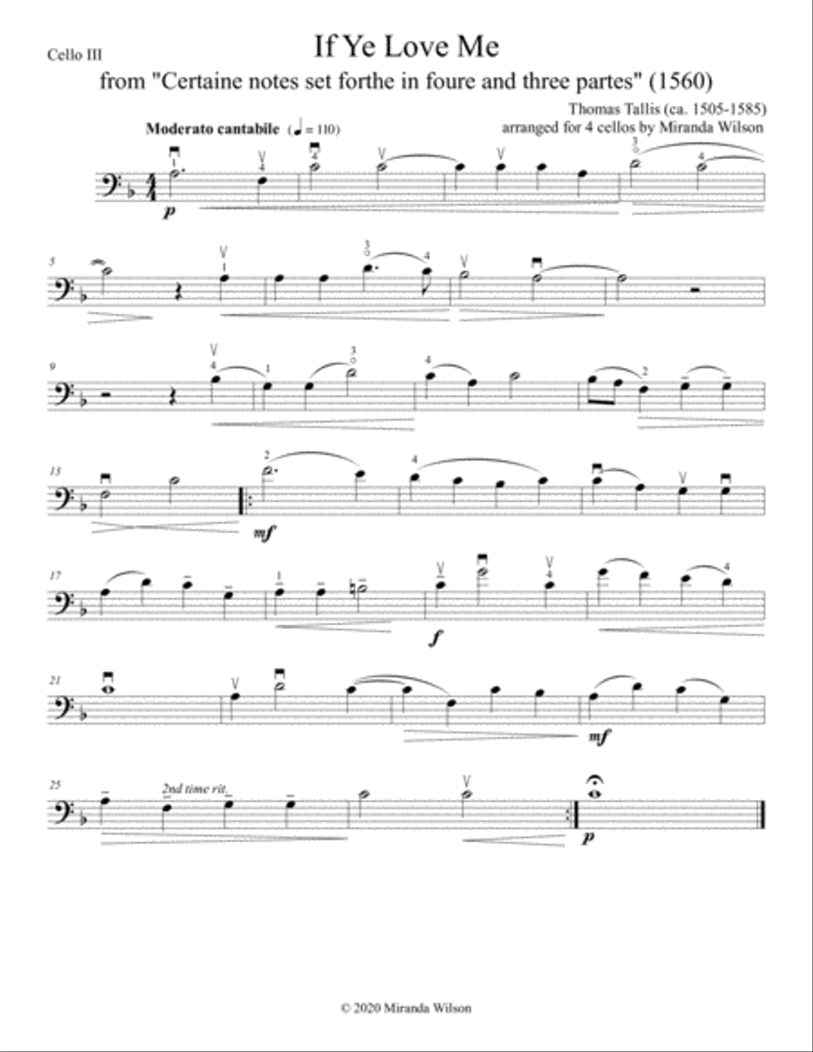 Thomas Tallis, If Ye Love Me for 4 Cellos String Quartet scores gallery preview page 3