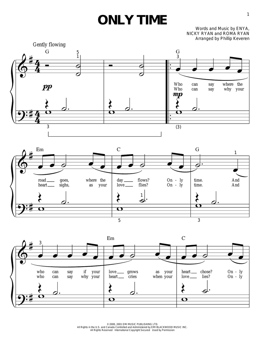 Only Time (arr. Phillip Keveren) Easy Piano scores gallery preview page 1