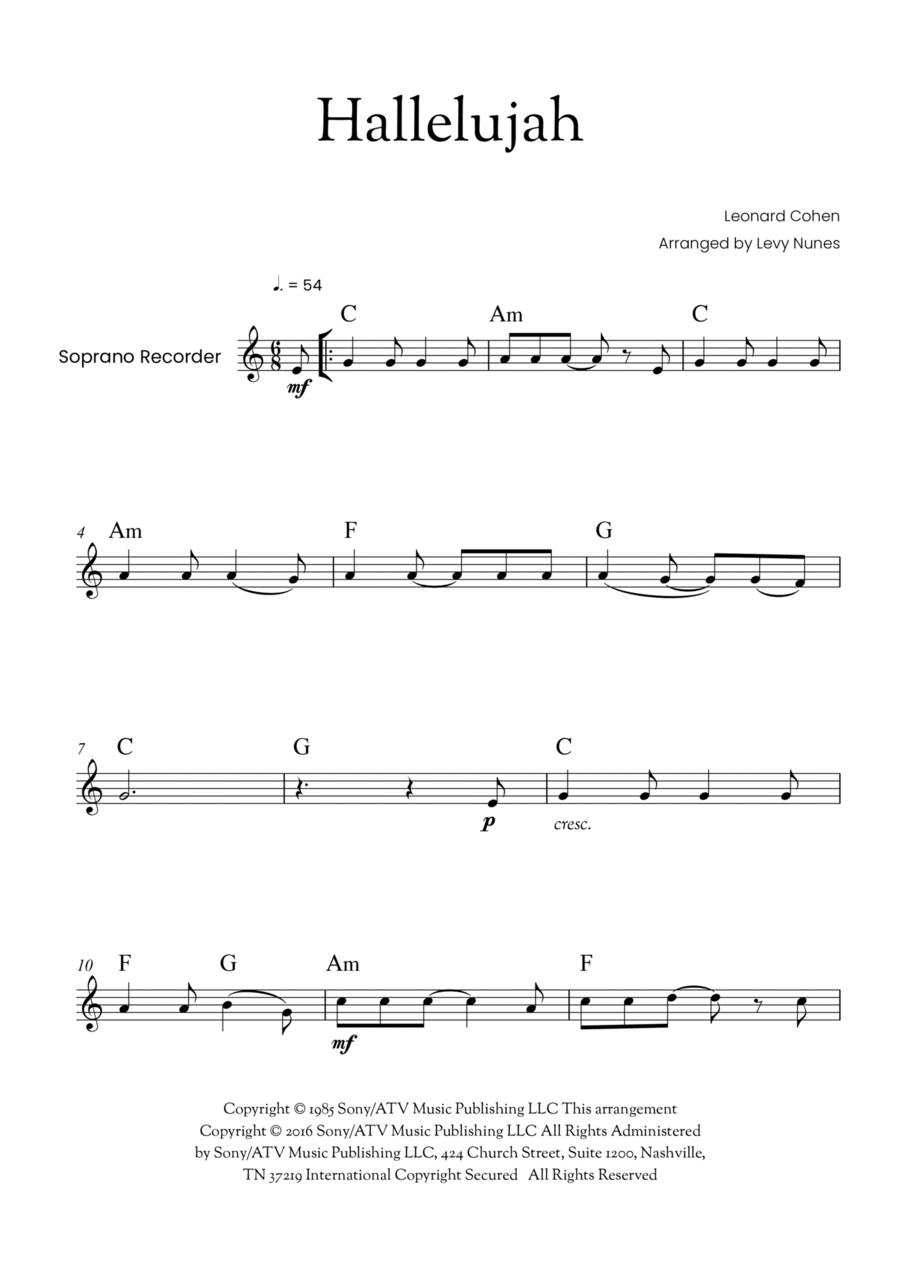 Hallelujah Soprano Recorder scores gallery preview page 1
