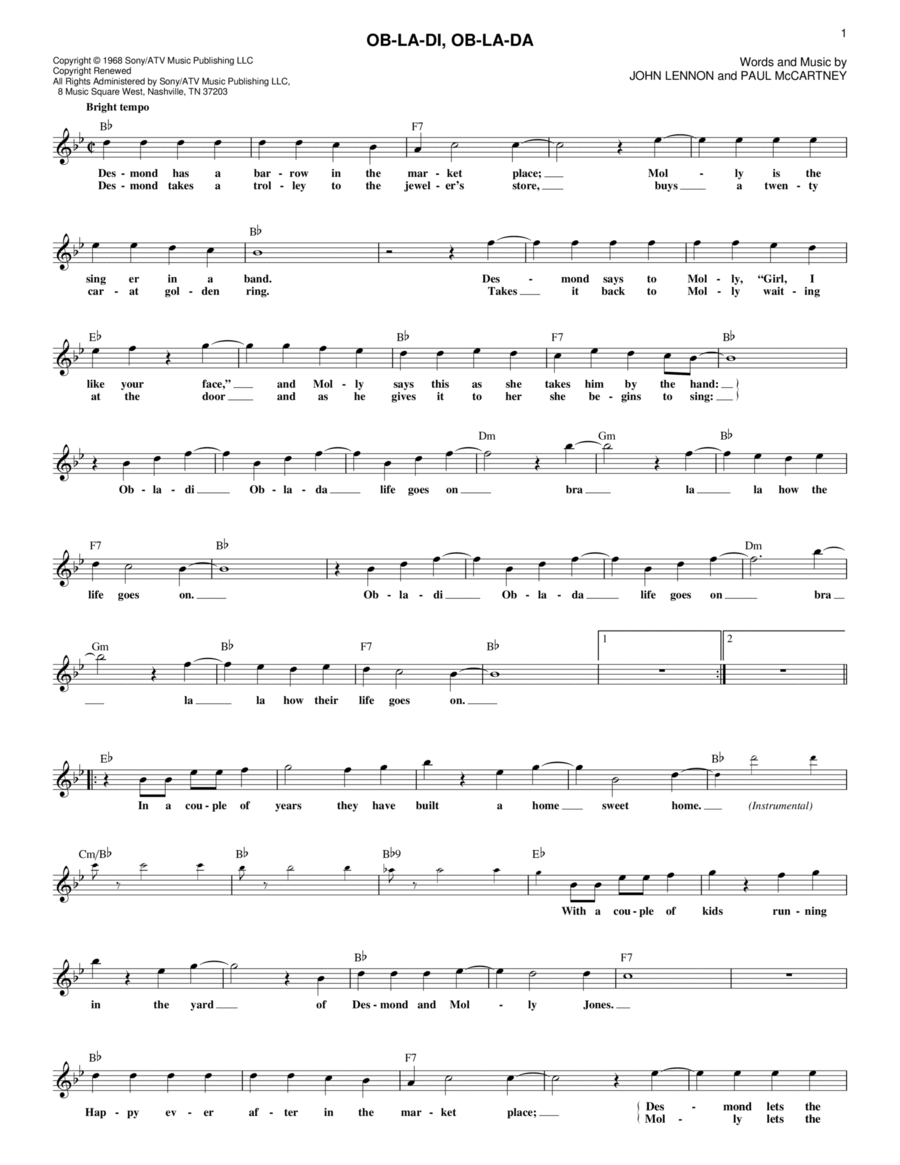 Ob-La-Di, Ob-La-Da Piano scores gallery preview page 1