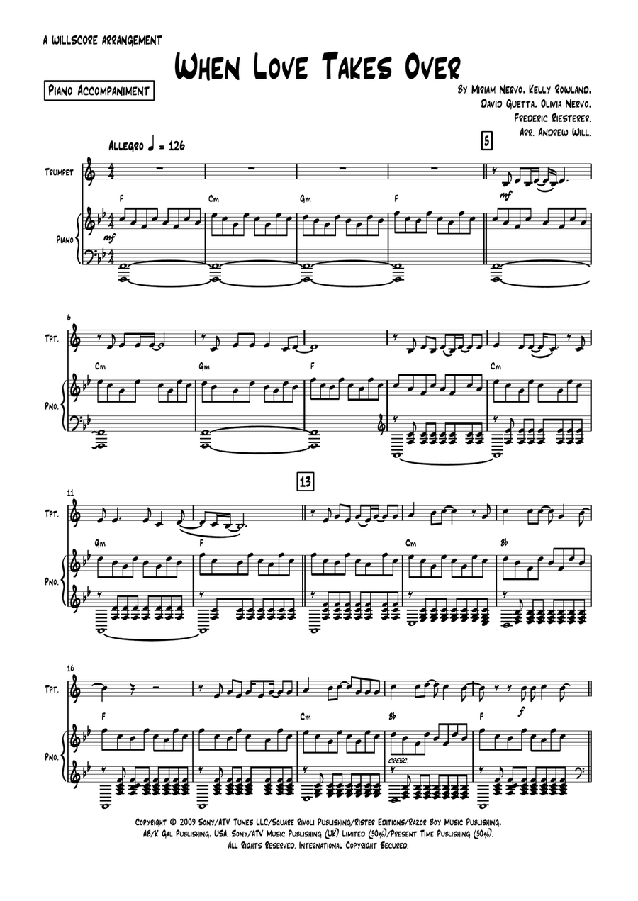 When Love Takes Over B-Flat Trumpet scores gallery preview page 1