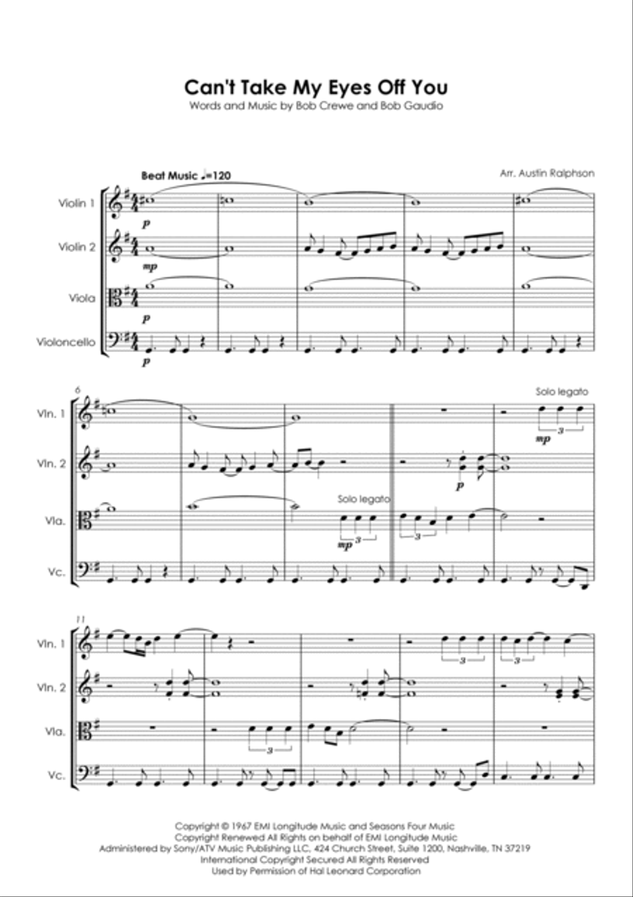 Can't Take My Eyes Off Of You String Quartet scores gallery preview page 3