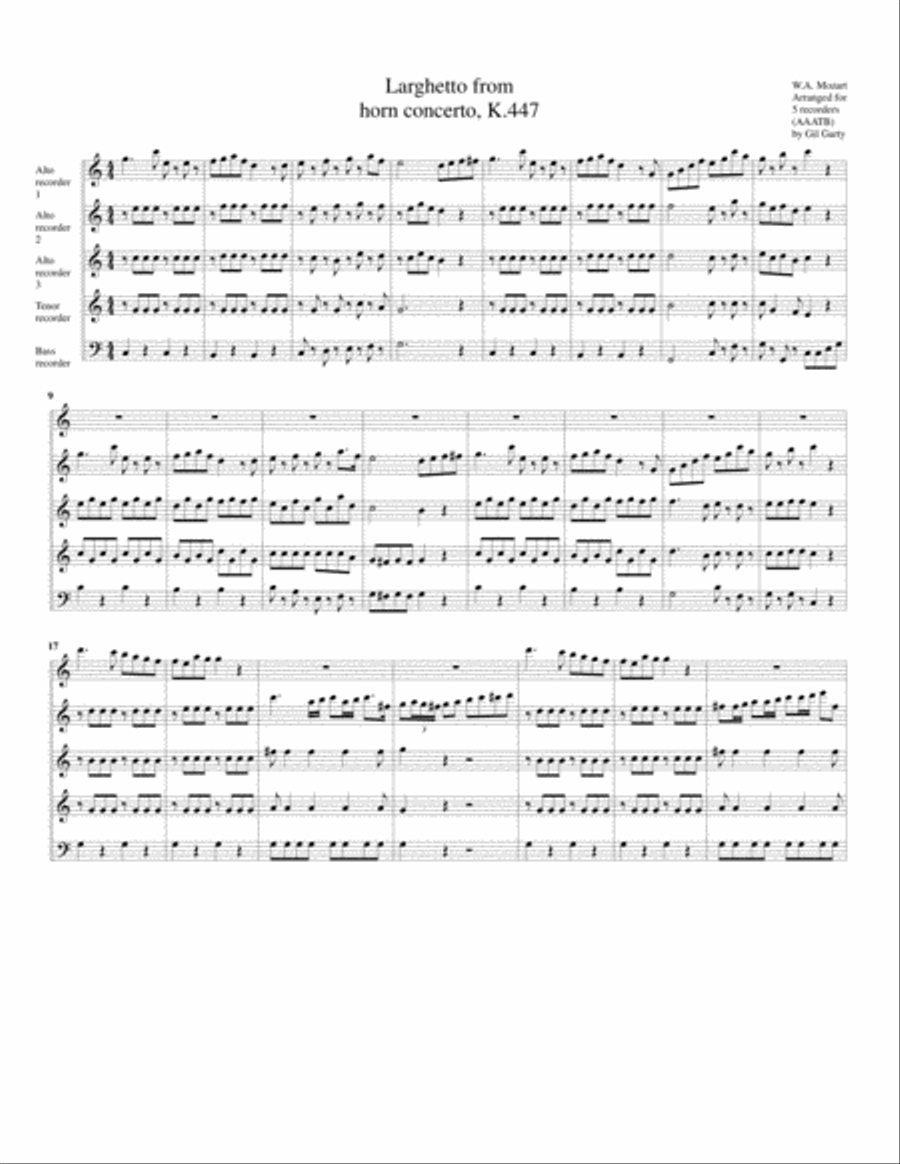 Larghetto from concerto for horn and orchestra, K.447 (Arrangement for 5 recorders)