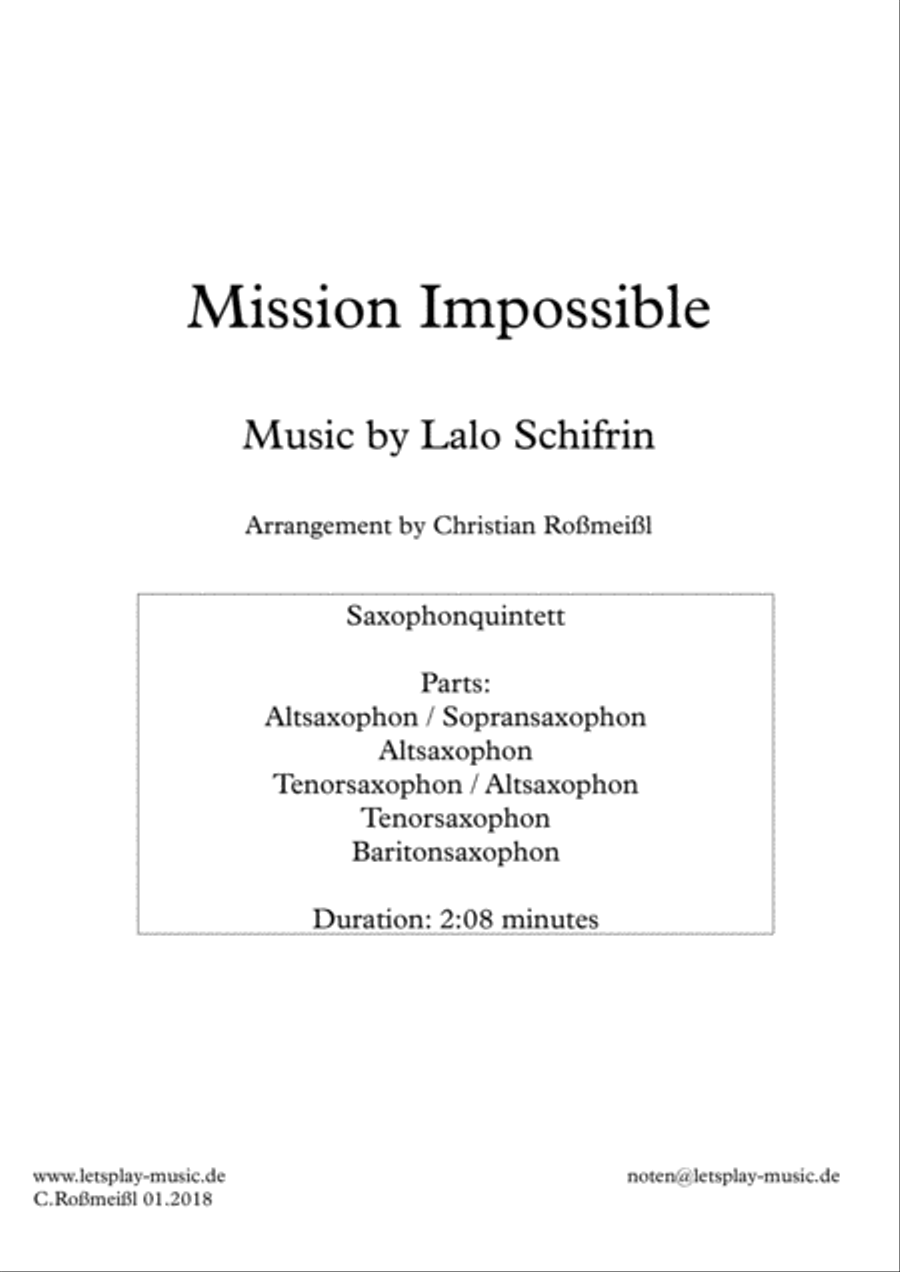 Mission: Impossible Theme from the Paramount Television Series MISSION: IMPOSSIBLE by Lalo Schifrin Saxophone Quintet - Digital Sheet Music