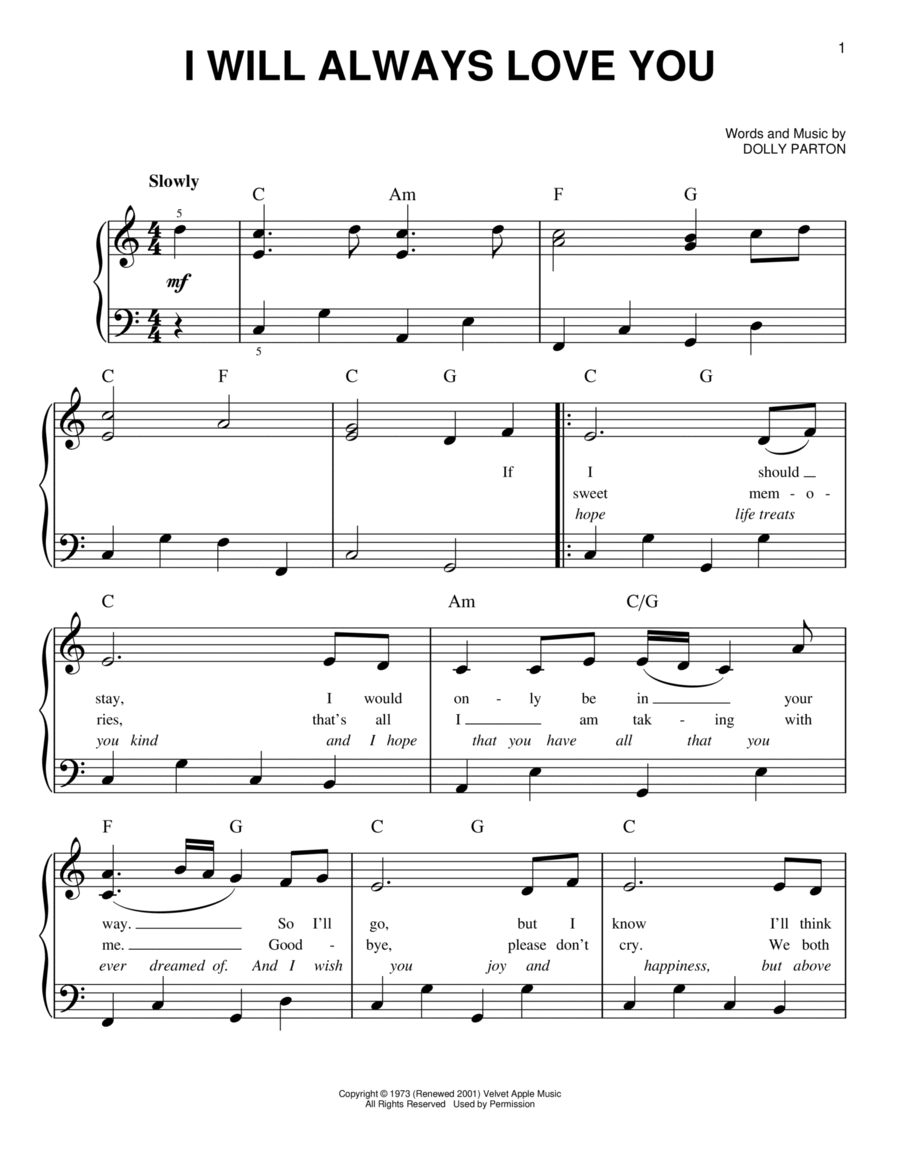 I Will Always Love You Easy Piano scores gallery preview page 1