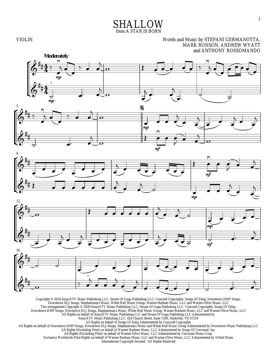 Shallow (from A Star Is Born) String Duet scores gallery preview page 1