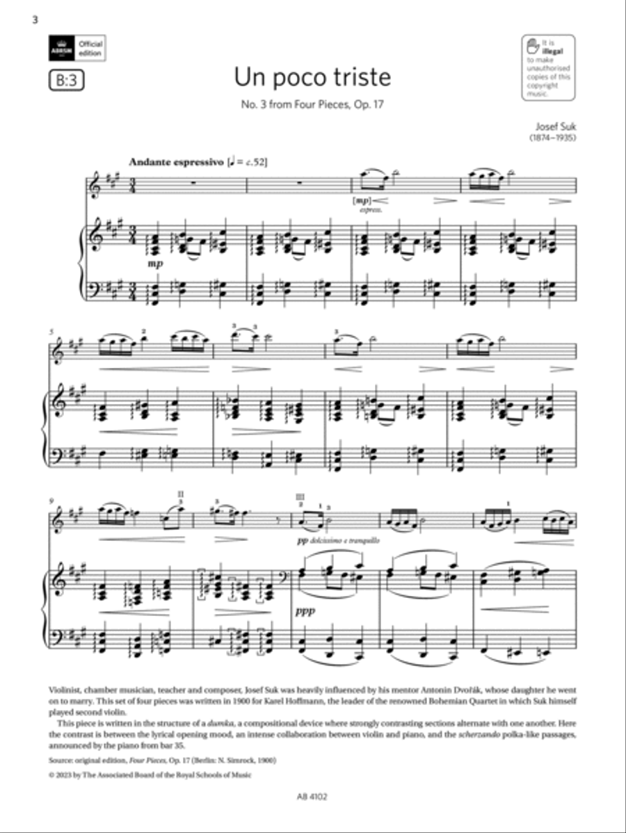 Un poco triste (Grade 8, B3, from the ABRSM Violin Syllabus from 2024) Violin Solo scores gallery preview page 3