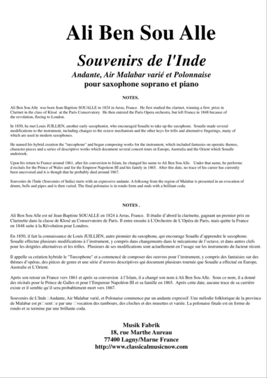 Ali Ben Sou Alle :Souvenirs de l'Inde Andante, Air Malabar varié et Polonnaise for soprano saxophone Soprano Saxophone scores gallery preview page 1