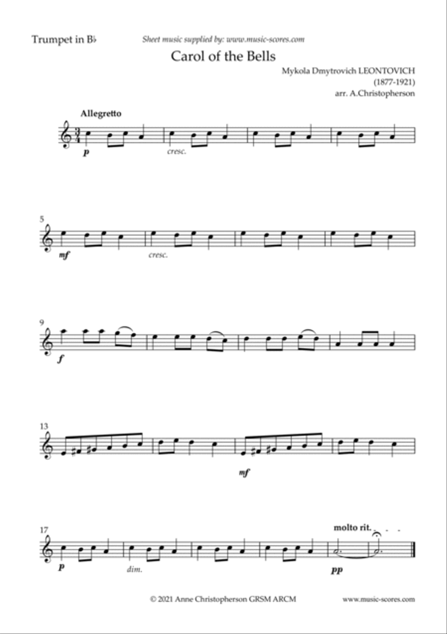 Carol of the Bells - Easy Trumpet with note names B-Flat Trumpet scores gallery preview page 2
