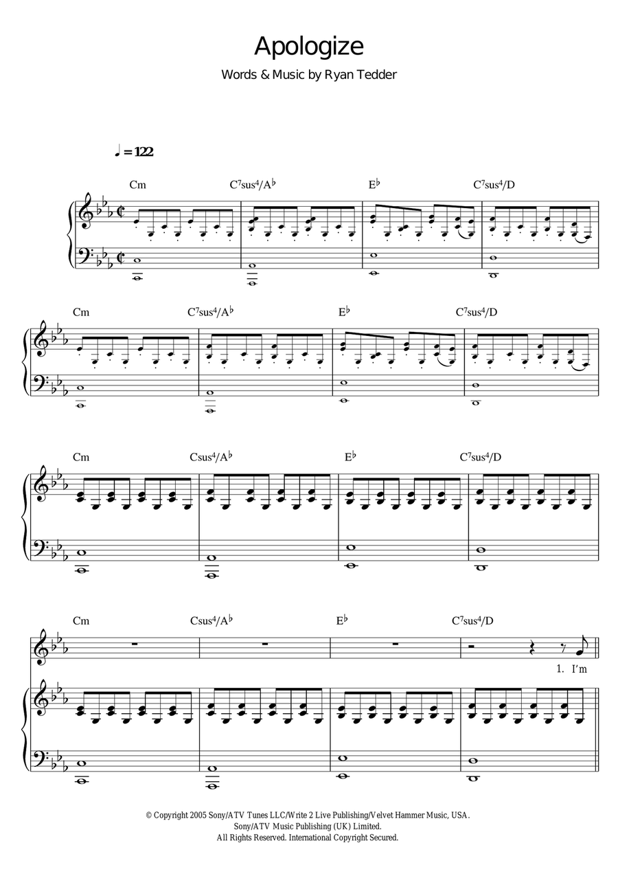 Apologize Apologize Piano, Vocal scores gallery preview page 1